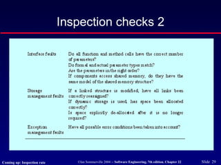 ©Ian Sommerville 2004 -- Software Engineering, 7th edition. Chapter 22 Slide 29
Inspection checks 2
Coming up: Inspection rate
 