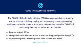 The COVID-19 Credentials Initiative (CCI) is an open global community
whose purpose is to help deploy and help deploy privacy-preserving
veriﬁable credential projects in order to mitigate the spread of COVID-19
and strengthen our societies and economies.
● Formed in April 2020
● 400 participants who are active in standardizing and productizing VCs
● representing over 100 companies from all over the world.
 