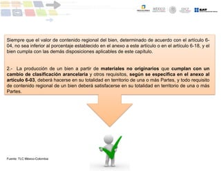 Siempre que el valor de contenido regional del bien, determinado de acuerdo con el artículo 6-
04, no sea inferior al porcentaje establecido en el anexo a este artículo o en el artículo 6-18, y el
bien cumpla con las demás disposiciones aplicables de este capítulo.
2.- La producción de un bien a partir de materiales no originarios que cumplan con un
cambio de clasificación arancelaria y otros requisitos, según se especifica en el anexo al
artículo 6-03, deberá hacerse en su totalidad en territorio de una o más Partes, y todo requisito
de contenido regional de un bien deberá satisfacerse en su totalidad en territorio de una o más
Partes.
Fuente: TLC México-Colombia
 