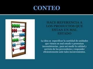 CONTEOHACE REFERENCIA A LOS PRODUCTOS QUE ESTAN EN MAL ESTADOLa idea es  especificar la cantidad de unidades que vienen en mal estado o presentan inconsistencias , para asi medir la calidad y servicio de los proveedores y responder eficientemente ante tales inconvenientes.