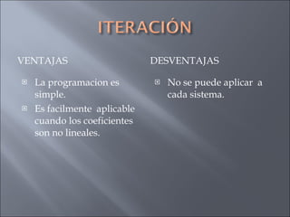 VENTAJAS DESVENTAJAS La programacion es simple. Es facilmente  aplicable cuando los coeficientes  son no lineales. No se puede aplicar  a cada sistema. 
