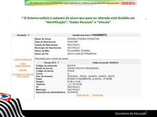 O Sistema exibirá o cadastro do aluno que para ser alterado está dividido em
“Identificação”; “Dados Pessoais” e “Vínculo”
31
 