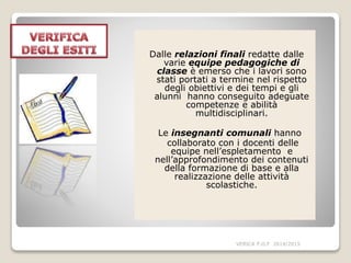 Dalle relazioni finali redatte dalle
varie equipe pedagogiche di
classe è emerso che i lavori sono
stati portati a termine nel rispetto
degli obiettivi e dei tempi e gli
alunni hanno conseguito adeguate
competenze e abilità
multidisciplinari.
Le insegnanti comunali hanno
collaborato con i docenti delle
equipe nell’espletamento e
nell’approfondimento dei contenuti
della formazione di base e alla
realizzazione delle attività
scolastiche.
VERICA P.O.F 2014/2015
 