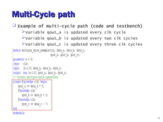 Multi-Cycle pathMulti-Cycle path
 Example of multi-cycle path (code and testbench)
Variable qout_a is updated every clk cycle
Variable qout_b is updated every two clk cycles
Variable qout_c is updated every three clk cycles
14
 