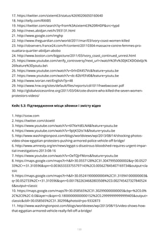 130
17. https://twitter.com/sixtem63/status/42690206050160640
18. http://telly.com/RXXB5
19. https://twitter.com/search?q=from%3Asixtem63%20RHDP&src=typd
20. http://news.abidjan.net/h/393131.html
21. http://www.google.com/imghp
22. http://www.theguardian.com/world/2011/mar/03/ivory-coast-women-killed
23. http://observers.france24.com/fr/content/20110304-massacre-contre-femmes-pro-
ouattara-quartier-abidjan-abobo
24. http://www.boston.com/bigpicture/2011/03/ivory_coast_continued_unrest.html
25. https://www.youtube.com/verify_controversy?next_url=/watch%3Fv%3DJKCKDOdx6Jc%
26feature%3Dyoutu.be
26. https://www.youtube.com/watch?v=0rlnDX457Vc&feature=youtu.be
27. https://www.youtube.com/watch?v=dc-82bYEFd0&feature=youtu.be
28. http://www.ivorian.net/English/?p=48
29. http://www.hrw.org/sites/default/files/reports/cdi1011frwebwcover.pdf
30. http://globalvoicesonline.org/2011/03/04/cote-divoire-who-killed-the-seven-women-
protestors-videos/
Кейс 5.3: Підтвердження місця зйомки і змісту відео
1. http://sxsw.com
2. https://twitter.com/ckoettl
3. https://www.youtube.com/watch?v=6l7XeYdELNA&feature=youtu.be
4. https://www.youtube.com/watch?v=9pIjK32ts1k&feature=youtu.be
5. http://www.washingtonpost.com/blogs/worldviews/wp/2013/08/14/shocking-photos-
video-show-egyptian-protesters-pushing-armored-police-vehicle-off-bridge/
6. http://www.amnesty.org/en/news/egypt-s-disastrous-bloodshed-requires-urgent-impar-
tial-investigations-2013-08-16
7. https://www.youtube.com/watch?v=OeTQJrFMzns&feature=youtu.be
8. https://maps.google.com/maps?t=h&ll=30.0557128%2C31.30479950000002&q=30.0527
33%2C++31.310596&spn=0.003653333755797143%2C0.005627845407169734&output=cla
ssic
9. https://maps.google.com/maps?t=h&ll=30.052419000000004%2C31.310941000000003&
q=30.052733%2C++31.310596&spn=0.0017822634682803508%2C0.002745427327840524
6&output=classic
10. https://maps.google.com/maps?ll=30.058565%2C31.302990000000005&cbp=%2C0.0%
2C%2C0%2C-0.0&layer=c&spn=0.18000000000000152%2C0.29999999999999405&output=
classic&cbll=30.058565%2C31.30299&photoid=po-9332873
11. http://www.washingtonpost.com/blogs/worldviews/wp/2013/08/15/video-shows-how-
that-egyptian-armored-vehicle-really-fell-off-a-bridge/
 