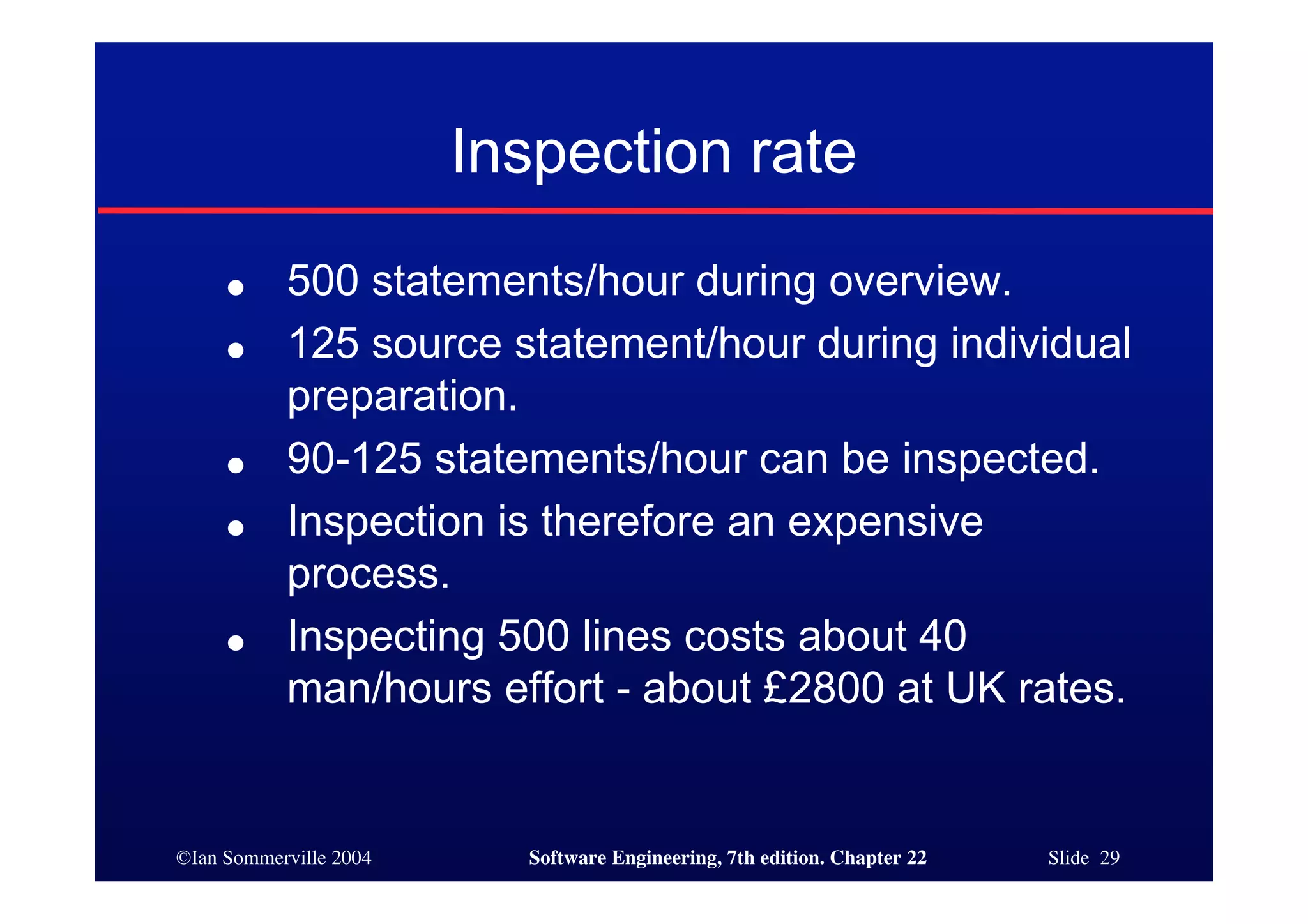 Inspection rate
     ●     500 statements/hour during overview.
     ●     125 source statement/hour during individual
           preparation.
     ●     90-125 statements/hour can be inspected.
     ●     Inspection is therefore an expensive
           process.
     ●     Inspecting 500 lines costs about 40
           man/hours effort - about £2800 at UK rates.


©Ian Sommerville 2004     Software Engineering, 7th edition. Chapter 22   Slide 29
 