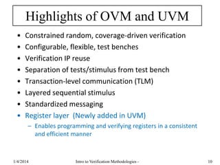 Highlights of OVM and UVM
• Constrained random, coverage-driven verification
• Configurable, flexible, test benches
• Verification IP reuse
• Separation of tests/stimulus from test bench
• Transaction-level communication (TLM)
• Layered sequential stimulus
• Standardized messaging
• Register layer (Newly added in UVM)
– Enables programming and verifying registers in a consistent
and efficient manner
1/4/2016 Intro to Verification Methodologies - 10
 