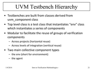 UVM Testbench Hierarchy
• Testbenches are built from classes derived from
uvm_component class
• Top level class is a test class that instantiates “env” class
which instantiates a series of components
• Modular to facilitate the reuse of groups of verification
components
– Across projects (horizontal reuse)
– Across levels of integration (veritical reuse)
• Two main collective component types
– the env (short for environment)
– the agent
1/4/2016 Intro to Verification Methodologies - 21
 