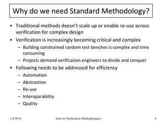 Why do we need Standard Methodology?
• Traditional methods doesn’t scale up or enable re-use across
verification for complex design
• Verification is increasingly becoming critical and complex
– Building constrained random test benches is complex and time
consuming
– Projects demand verification engineers to divide and conquer
• Following needs to be addressed for efficiency
– Automation
– Abstraction
– Re-use
– Interoparability
– Quality
1/4/2016 Intro to Verification Methodologies - 4
 