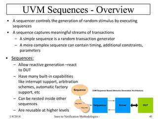UVM Sequences - Overview
• A sequencer controls the generation of random stimulus by executing
sequences
• A sequence captures meaningful streams of transactions
– A simple sequence is a random transaction generator
– A more complex sequence can contain timing, additional constraints,
parameters
• Sequences:
– Allow reactive generation –react
to DUT
– Have many built-in capabilities
like interrupt support, arbitration
schemes, automatic factory
support, etc
– Can be nested inside other
sequences
– Are reusable at higher levels
1/4/2016 Intro to Verification Methodologies - 41
 