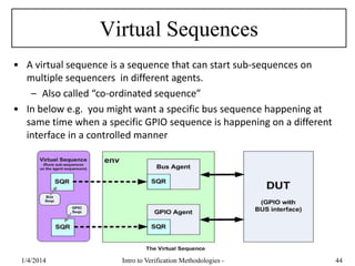 Virtual Sequences
• A virtual sequence is a sequence that can start sub-sequences on
multiple sequencers in different agents.
– Also called “co-ordinated sequence”
• In below e.g. you might want a specific bus sequence happening at
same time when a specific GPIO sequence is happening on a different
interface in a controlled manner
1/4/2016 Intro to Verification Methodologies - 44
 