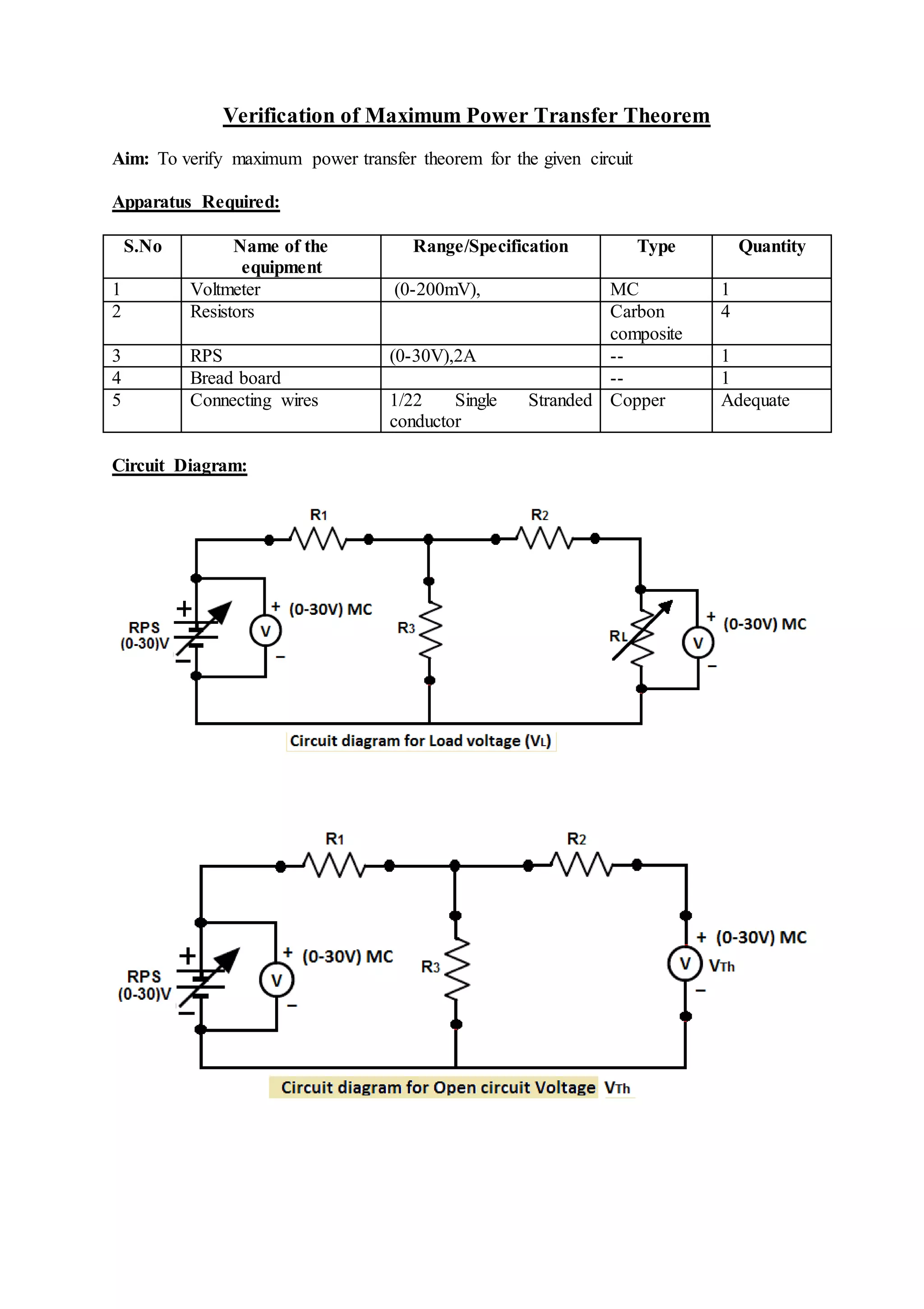 Verification of maximum power transfer theorem | DOCX