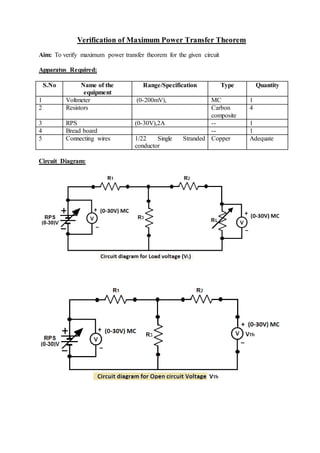 Verification of Maximum Power Transfer Theorem
Aim: To verify maximum power transfer theorem for the given circuit
Apparatus Required:
S.No Name of the
equipment
Range/Specification Type Quantity
1 Voltmeter (0-200mV), MC 1
2 Resistors Carbon
composite
4
3 RPS (0-30V),2A -- 1
4 Bread board -- 1
5 Connecting wires 1/22 Single Stranded
conductor
Copper Adequate
Circuit Diagram:
 