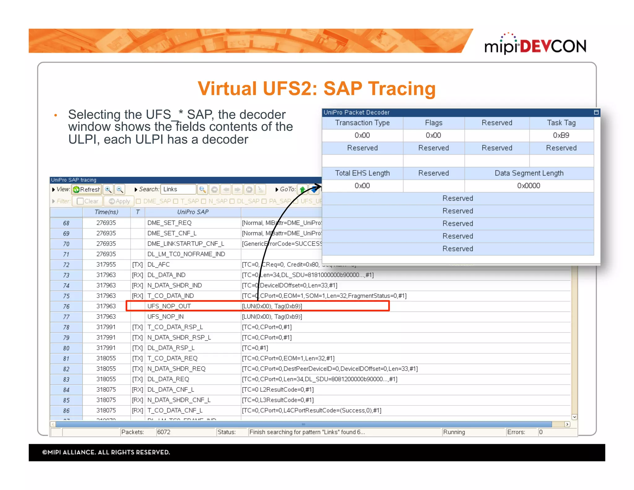 Virtual UFS2: SAP Tracing
•  Selecting the UFS_* SAP, the decoder
window shows the fields contents of the
ULPI, each ULPI has a decoder
 