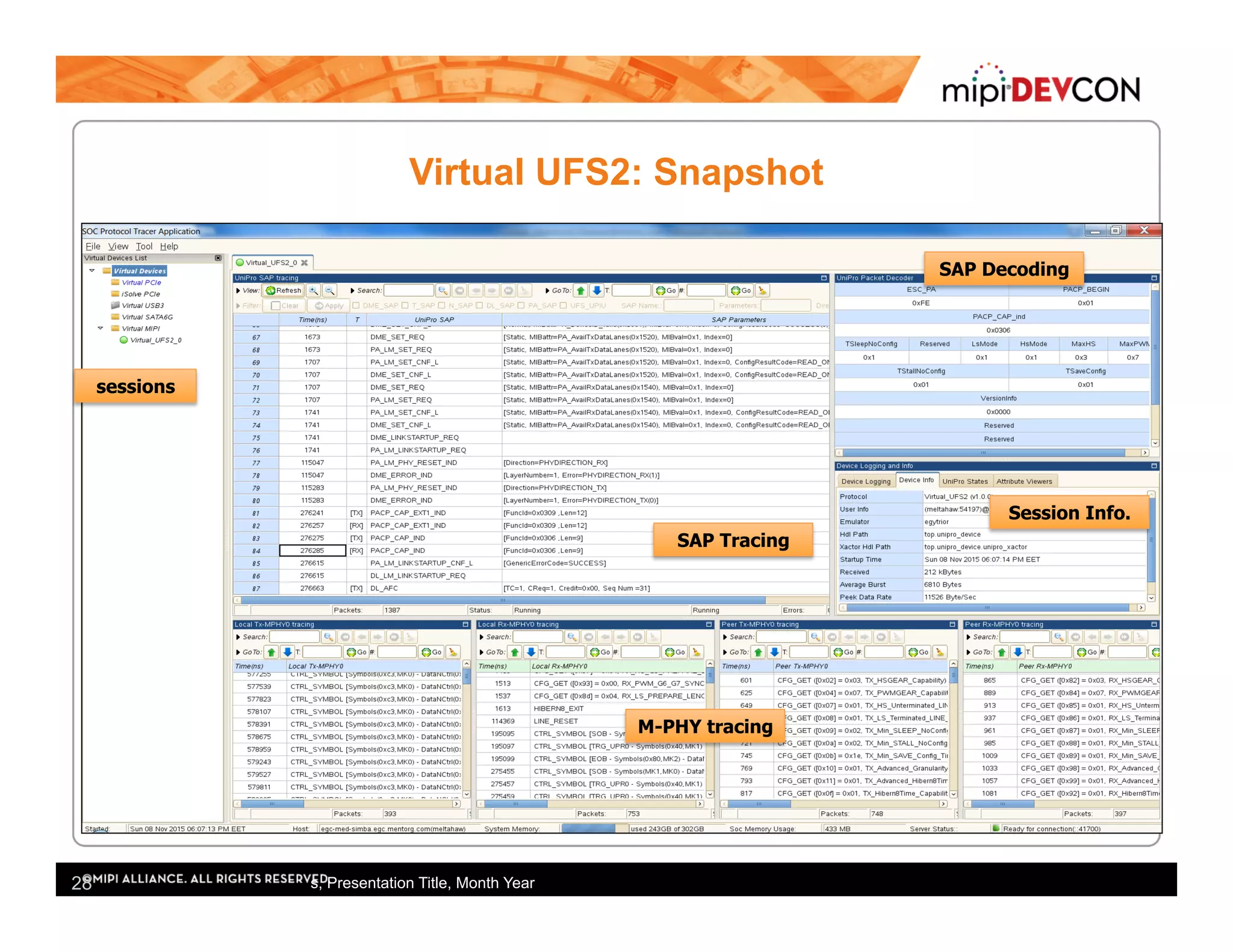 Virtual UFS2: Snapshot
s, Presentation Title, Month Year28
SAP Tracing
M-PHY tracing
SAP Decoding
sessions
Session Info.
 