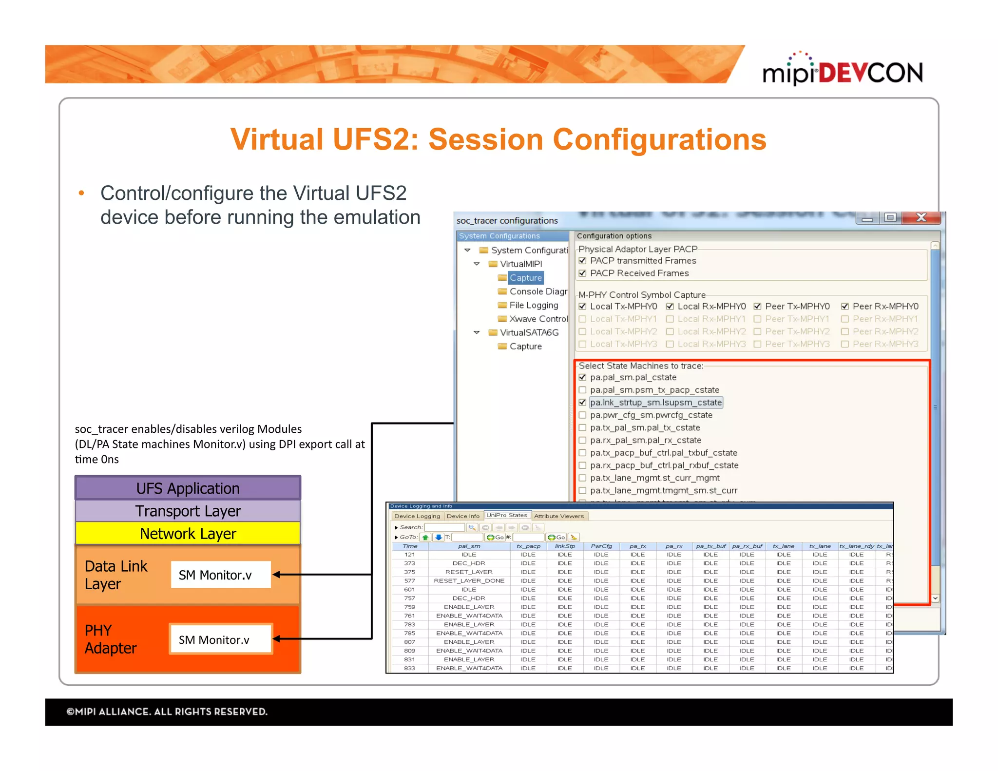 Virtual UFS2: Session Configurations
•  Control/configure the Virtual UFS2
device before running the emulation
Data Link
Layer
PHY
Adapter
Transport Layer
Network Layer
UFS Application
soc_tracer	enables/disables	verilog	Modules	
(DL/PA	State	machines	Monitor.v)	using	DPI	export	call	at	
;me	0ns	
SM Monitor.v
SM	Monitor.v	
 