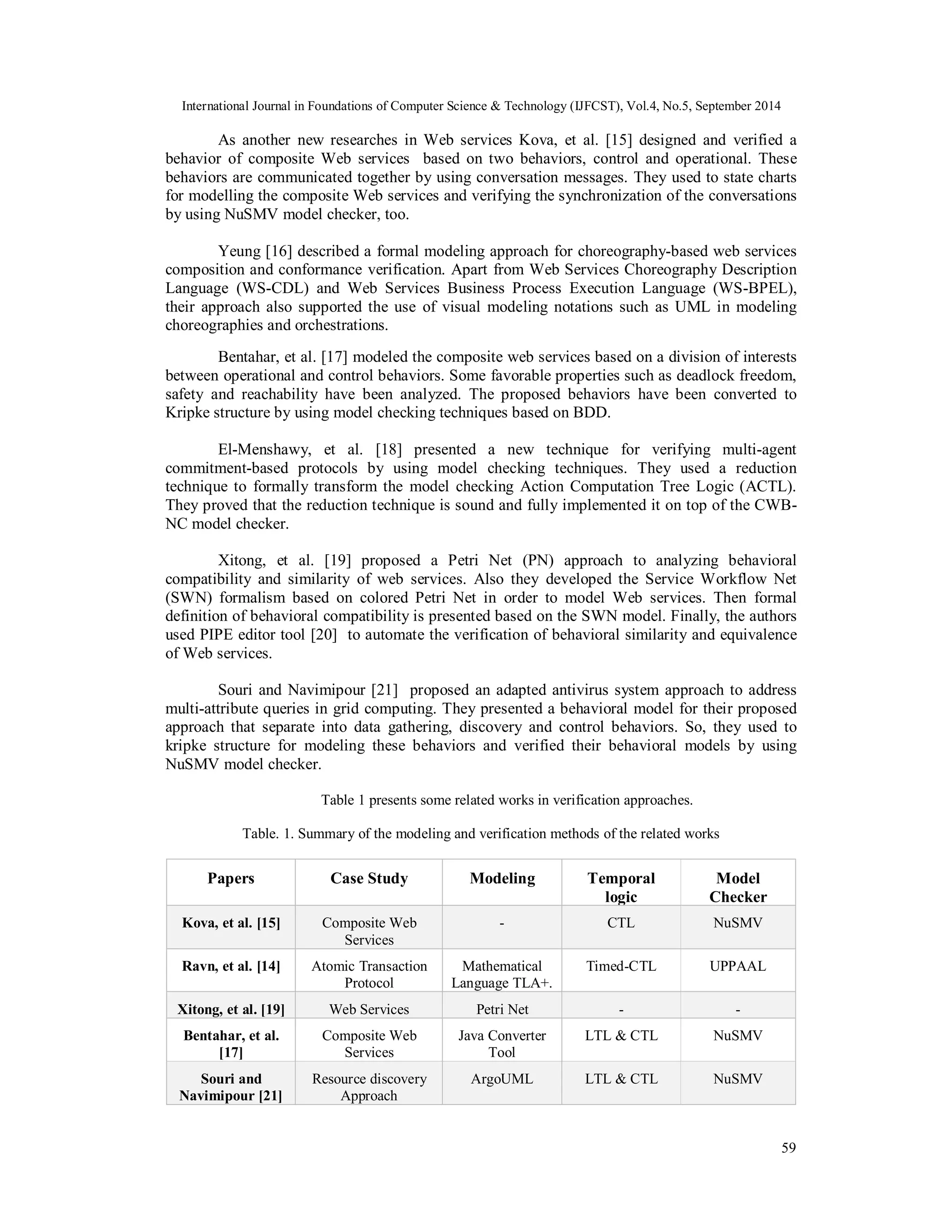 International Journal in Foundations of Computer Science & Technology (IJFCST), Vol.4, No.5, September 2014 
As another new researches in Web services Kova, et al. [15] designed and verified a 
behavior of composite Web services based on two behaviors, control and operational. These 
behaviors are communicated together by using conversation messages. They used to state charts 
for modelling the composite Web services and verifying the synchronization of the conversations 
by using NuSMV model checker, too. 
Yeung [16] described a formal modeling approach for choreography-based web services 
composition and conformance verification. Apart from Web Services Choreography Description 
Language (WS-CDL) and Web Services Business Process Execution Language (WS-BPEL), 
their approach also supported the use of visual modeling notations such as UML in modeling 
choreographies and orchestrations. 
Bentahar, et al. [17] modeled the composite web services based on a division of interests 
between operational and control behaviors. Some favorable properties such as deadlock freedom, 
safety and reachability have been analyzed. The proposed behaviors have been converted to 
Kripke structure by using model checking techniques based on BDD. 
El-Menshawy, et al. [18] presented a new technique for verifying multi-agent 
commitment-based protocols by using model checking techniques. They used a reduction 
technique to formally transform the model checking Action Computation Tree Logic (ACTL). 
They proved that the reduction technique is sound and fully implemented it on top of the CWB-NC 
59 
model checker. 
Xitong, et al. [19] proposed a Petri Net (PN) approach to analyzing behavioral 
compatibility and similarity of web services. Also they developed the Service Workflow Net 
(SWN) formalism based on colored Petri Net in order to model Web services. Then formal 
definition of behavioral compatibility is presented based on the SWN model. Finally, the authors 
used PIPE editor tool [20] to automate the verification of behavioral similarity and equivalence 
of Web services. 
Souri and Navimipour [21] proposed an adapted antivirus system approach to address 
multi-attribute queries in grid computing. They presented a behavioral model for their proposed 
approach that separate into data gathering, discovery and control behaviors. So, they used to 
kripke structure for modeling these behaviors and verified their behavioral models by using 
NuSMV model checker. 
Table 1 presents some related works in verification approaches. 
Table. 1. Summary of the modeling and verification methods of the related works 
Papers Case Study Modeling Temporal 
logic 
Model 
Checker 
Kova, et al. [15] Composite Web 
Services 
- CTL NuSMV 
Ravn, et al. [14] Atomic Transaction 
Protocol 
Mathematical 
Language TLA+. 
Timed-CTL UPPAAL 
Xitong, et al. [19] Web Services Petri Net - - 
Bentahar, et al. 
[17] 
Composite Web 
Services 
Java Converter 
Tool 
LTL & CTL NuSMV 
Souri and 
Navimipour [21] 
Resource discovery 
Approach 
ArgoUML LTL & CTL NuSMV 
 