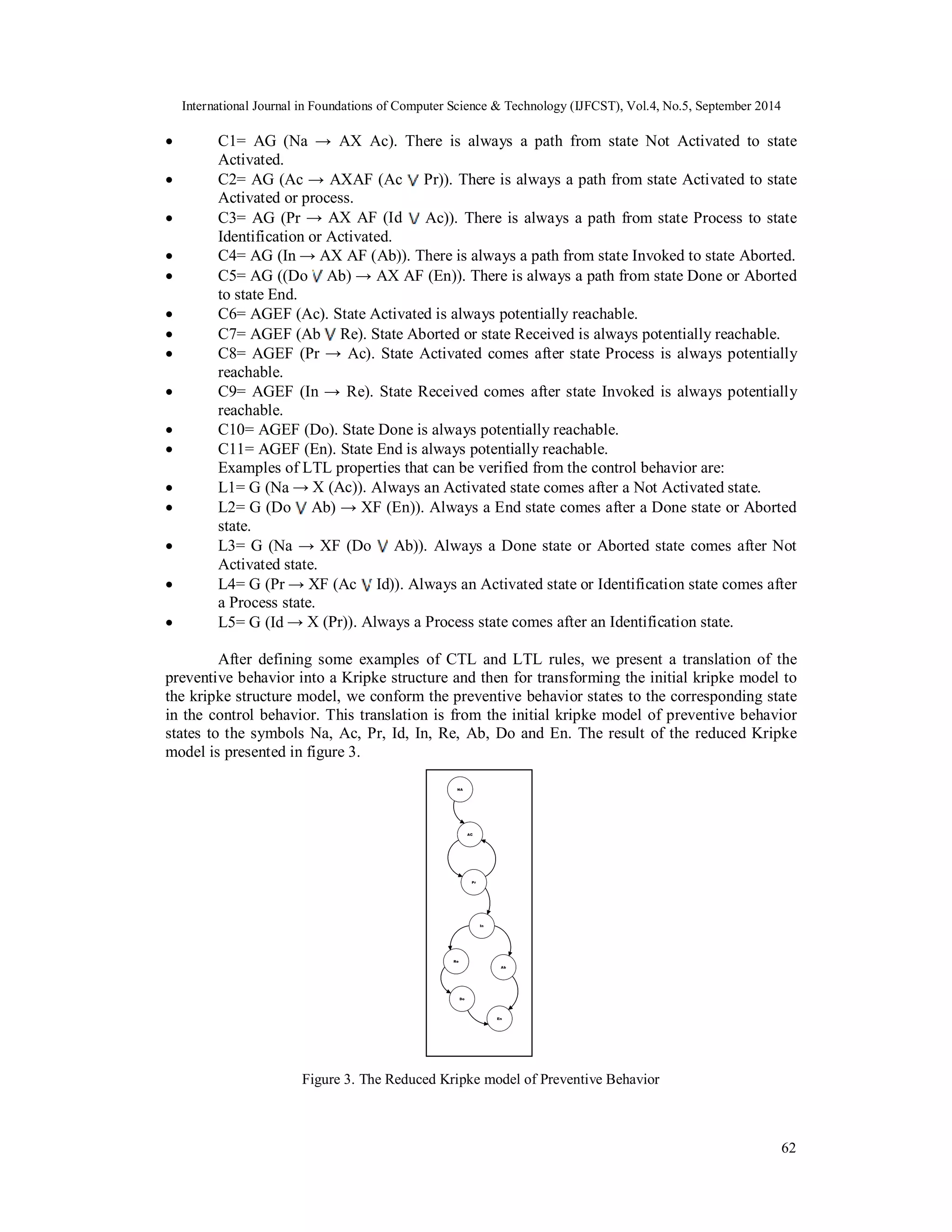 International Journal in Foundations of Computer Science & Technology (IJFCST), Vol.4, No.5, September 2014 
 C1= AG (Na → AX Ac). There is always a path from state Not Activated to state 
62 
Activated. 
 C2= AG (Ac → AXAF (Ac Pr)). There is always a path from state Activated to state 
Activated or process. 
 C3= AG (Pr → AX AF (Id Ac)). There is always a path from state Process to state 
Identification or Activated. 
 C4= AG (In → AX AF (Ab)). There is always a path from state Invoked to state Aborted. 
 C5= AG ((Do Ab) → AX AF (En)). There is always a path from state Done or Aborted 
to state End. 
 C6= AGEF (Ac). State Activated is always potentially reachable. 
 C7= AGEF (Ab Re). State Aborted or state Received is always potentially reachable. 
 C8= AGEF (Pr → Ac). State Activated comes after state Process is always potentially 
reachable. 
 C9= AGEF (In → Re). State Received comes after state Invoked is always potentially 
reachable. 
 C10= AGEF (Do). State Done is always potentially reachable. 
 C11= AGEF (En). State End is always potentially reachable. 
Examples of LTL properties that can be verified from the control behavior are: 
 L1= G (Na → X (Ac)). Always an Activated state comes after a Not Activated state. 
 L2= G (Do Ab) → XF (En)). Always a End state comes after a Done state or Aborted 
state. 
 L3= G (Na → XF (Do Ab)). Always a Done state or Aborted state comes after Not 
Activated state. 
 L4= G (Pr → XF (Ac Id)). Always an Activated state or Identification state comes after 
a Process state. 
 L5= G (Id → X (Pr)). Always a Process state comes after an Identification state. 
After defining some examples of CTL and LTL rules, we present a translation of the 
preventive behavior into a Kripke structure and then for transforming the initial kripke model to 
the kripke structure model, we conform the preventive behavior states to the corresponding state 
in the control behavior. This translation is from the initial kripke model of preventive behavior 
states to the symbols Na, Ac, Pr, Id, In, Re, Ab, Do and En. The result of the reduced Kripke 
model is presented in figure 3. 
Figure 3. The Reduced Kripke model of Preventive Behavior 
 