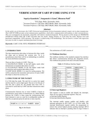 IJRET: International Journal of Research in Engineering and Technology eISSN: 2319-1163 | pISSN: 2321-7308
__________________________________________________________________________________________
Volume: 03 Special Issue: 03 | May-2014 | NCRIET-2014, Available @ http://www.ijret.org 58
VERIFICATION OF UART IP CORE USING UVM
Supriya Kamshette 1
, Sangamesh A Gama2
, Bhemrao Patil3
1
ECE Dept, Bidar, Karnataka, India
2
Assistant Professor, CSE Dept, BKIT Bhalki, Bidar, Karnataka, India
3
Assistant Professor, CSE Dept, BKIT Bhalki, Bidar, Karnataka, India
Abstract
In the earlier era of electronics the UART (Universal asynchronous receiver/transmitter) played a major role in data transmission.
This UART IP CORE provides serial communication capabilities, which allow communication with modems or other external devices.
This core is designed to be maximally compatible with industry standard designs[4]. The key features of this design are WISHBONE
INTERFACE WITH 8-BIT OR 32-BIT selectable data bus modes. Debug interface in 32-bit data bus mode. Register level and
functional compatibility. FIFO operation. The design is verified using UVM methodology. The test bench is written with regression
test cases in order to acquire maximum functional coverage.
Keywords: UART, UVM, FIFO, WISHBONE INTERFACE
-----------------------------------------------------------------------***-----------------------------------------------------------------------
1. INTRODUCTION
The data transmission takes place in between the chips, inside
the chips and in between the systems also. As it is
asynchronous clock there will be no methodology to establish
the clock distribution techniques.
There are three of modes in UART. They are
1) HALFDUPLEX MODE: In the half duplex mode either
transmission or reception takes place at a time.
2) FULLDUPLEX MODE: In the full duplex mode both
transmission and reception takes place at time.
3) LOOP BACK MODE: It is used for testing purpose. We
will be connection the transmitter and receiver of same UART
this helps to check the accuracy of it.
2. STRUCTURE OF THE PACKET
It is 9-bit data bus mode. The start bit is a active low signal
and the stop bit is active high signal. The rest of six bits are of
data bits and a parity bit .the parallel data from CPU is
converted to serial data by UART and then transmission takes
place.
Communication between two or more UARTS is based on
asynchronous serial mode of transmission [1]. Hand shaking
between the UARTs is done using the synchronizing bits.
Each character is sent as a start bit, a configurable number of
data bits, an optional parity bit and one or more stop bits.
Fig -1: Bit Details
The architecture of UART consists of
2.1 Wishbone Interface
The wishbone interface is the standard computer bus interface
that allows communication between the integrated circuits.
The wishbone bus permits 8-bit and 32-bit data transfer.
Table -1: Wishbone Interface Signal
PORT WIDTH DIRECTION
CLK 1 INPUT
WB_RST_I 1 INPUT
WB_ADDR_I 5 or 3 INPUT
WB_SEL_I 4 INPUT
WB_DAT_I 32 or 8 INPUT
WB_WE_I 1 INPUT
WB_STB_I 1 INPUT
WB_CYC_I 1 INPUT
WB_DAT_O 32 or 8 OUTPUT
WB_ACK_O 1 OUTPUT
2.2 Interrupt Registers
This register is used to enable and identify the interrupts.
There are two types of interrupt registers. They are
a) Interrupt Enable Register
b) Interrupt Identification Register.
The interrupt enable register enables and disables with
interrupt generation by the UART. It is of 8-bit width. The
interrupt identification register enables the programmer to
retrieve the current highest priority pending interrupt. BIT-0
indicates that an interrupt is pending when its logic 0.when it
 