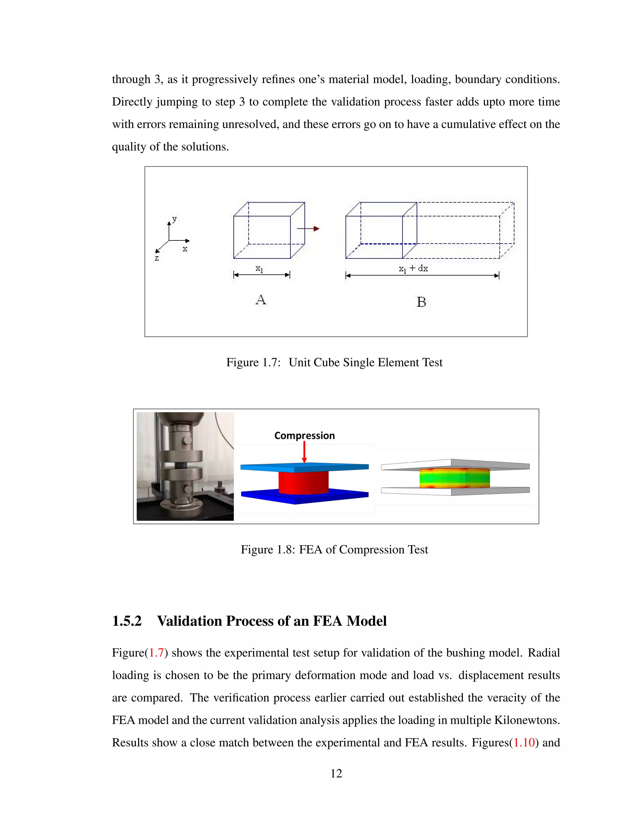 through 3, as it progressively reﬁnes one’s material model, loading, boundary conditions.
Directly jumping to step 3 to complete the validation process faster adds upto more time
with errors remaining unresolved, and these errors go on to have a cumulative effect on the
quality of the solutions.
Figure 1.7: Unit Cube Single Element Test
Figure 1.8: FEA of Compression Test
1.5.2 Validation Process of an FEA Model
Figure(1.7) shows the experimental test setup for validation of the bushing model. Radial
loading is chosen to be the primary deformation mode and load vs. displacement results
are compared. The veriﬁcation process earlier carried out established the veracity of the
FEA model and the current validation analysis applies the loading in multiple Kilonewtons.
Results show a close match between the experimental and FEA results. Figures(1.10) and
12
 