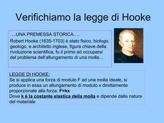 ….UNA PREMESSA STORICA….
Robert Hooke (1635-1703) è stato fisico, biologo,
geologo, e architetto inglese, figura chiave della
rivoluzione scientifica, fu il primo ad occuparsi
del problema dell’allungamento di una molla…
Verifichiamo la legge di Hooke
LEGGE DI HOOKE:
Se si applica una forza di modulo F ad una molla ideale, si
produce in essa un allungamento di modulo x direttamente
proporzionale alla forza: F=kx
Dove k è la costante elastica della molla e dipende dalla natura
del materiale
 