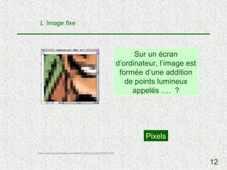 L ’image fixe




                                                                Sur un écran
                                                          d’ordinateur, l’image est
                                                           formée d’une addition
                                                             de points lumineux
                                                               appelés …. ?




                                                                   Pixels

www.visionsandimages.com/electrocolor/ preview%202.html


                                                                                      12
 