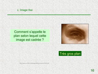 L ’image fixe




Comment s’appelle le
plan selon lequel cette
  image est cadrée ?



                                                             Très gros plan

    http://www.ac-dijon.fr/pedago/lettres/cinema/cine2.htm




                                                                              16
 