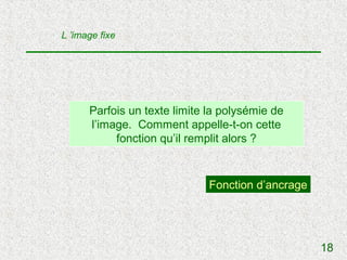 L ’image fixe




      Parfois un texte limite la polysémie de
      l’image. Comment appelle-t-on cette
           fonction qu’il remplit alors ?



                              Fonction d’ancrage




                                                   18
 