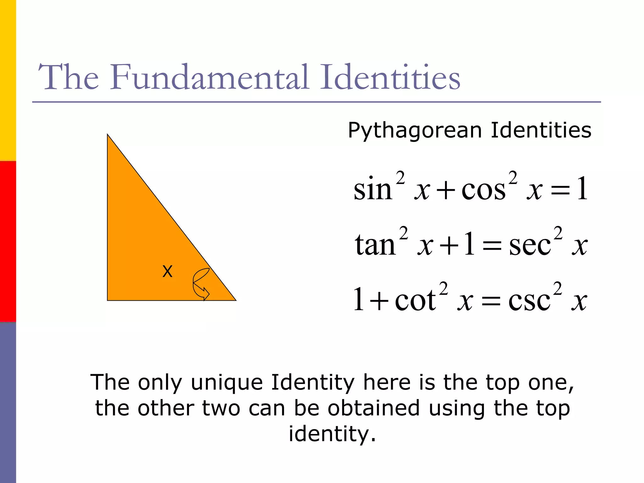 The Fundamental Identities Pythagorean Identities The only unique Identity here is the top one, the other two can be obtained using the top identity. X 