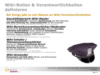 Wiki-Rollen & Verantwortlichkeiten
definieren
Bei Verigy gibt es vier Ebenen an Wiki-Verantwortlichkeiten
Geschäftsbereich-Wiki-Master
Zentrale Schnittstelle, inhaltliche Abstimmung der Wiki-Bereiche,
lebt Wiki-Nutzung vor, Ansprechpartner für die Anwender
BU VShare Master - z.B. Geschäftsbereich-Wiki-Master Service & Support

Wiki-Bereichsverantwortlicher/Moderator
Verantwortet strukturierte, vollständige (80:20!) korrekte,
relevante Information sowie inhaltliche Konsistenz,
schnelle Weiterleitung von Feedback & neuen Erkenntnissen,
fachlicher Experte (Subject Matter Expert)
VShare Space Manager/Moderator –
z.B. Wiki-Bereichsverantwortlicher/Moderator Troubleshooting

Wiki-Inhalts-/
Themenverantwortlicher
Betreut ein Thema/inhaltlichen Bereich
und stellt neuestes Wissen im Wiki bereit,
fachlicher Experte (Subject Matter Expert)
für sein Themengebiet
VShare Content/Topic Master - z.B. Wiki-Inhalts-/
Themenverantwortlicher Hardware und Software (in: Troubleshooting)

Wiki-Anwender
Konsumiert und teilt aktiv Wissen und Erkenntnisse
mit der Anwender-Community
VShare User




                                                        Andreas Genth, Verigy Germany GmbH | Verigy VShare – Good Enterprise Wiki Practices
                                                                                                                              9/28/2011

                                                                                                                                  Page 12
 