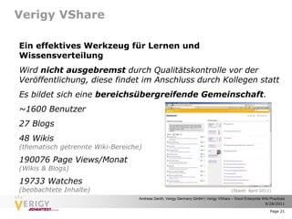 Verigy VShare

Ein effektives Werkzeug für Lernen und
Wissensverteilung
Wird nicht ausgebremst durch Qualitätskontrolle vor der
Veröffentlichung, diese findet im Anschluss durch Kollegen statt
Es bildet sich eine bereichsübergreifende Gemeinschaft.
~1600 Benutzer
27 Blogs
48 Wikis
(thematisch getrennte Wiki-Bereiche)

190076 Page Views/Monat
(Wikis & Blogs)

19733 Watches
(beobachtete Inhalte)                                                                  (Stand: April 2011)
                                   Andreas Genth, Verigy Germany GmbH | Verigy VShare – Good Enterprise Wiki Practices
                                                                                                         9/28/2011

                                                                                                             Page 21
 