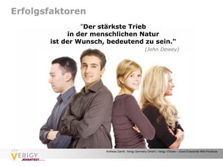 Erfolgsfaktoren
                "Der stärkste Trieb
            in der menschlichen Natur
       ist der Wunsch, bedeutend zu sein."
                                                  (John Dewey)




                      Andreas Genth, Verigy Germany GmbH | Verigy VShare – Good Enterprise Wiki Practices
 