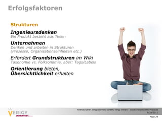Erfolgsfaktoren

Strukturen
Ingenieursdenken
Ein Produkt besteht aus Teilen
Unternehmen
Denken und arbeiten in Strukturen
(Prozesse, Organisationseinheiten etc.)
Erfordert Grundstrukturen im Wiki
Taxonomie vs. Folksonomie, aber: Tags/Labels
Orientierung bieten,
Übersichtlichkeit erhalten




                                    Andreas Genth, Verigy Germany GmbH | Verigy VShare – Good Enterprise Wiki Practices
                                                                                                          9/28/2011

                                                                                                              Page 29
 