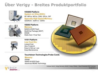 Über Verigy - Breites Produktportfolio
         V93000 Platform
         System on Chip (SOC):
         RF, MPUs, MCUs, CMS, GPUs, SIP
         Specialty High Speed Memory:
         GDDR3/5 - XDR1/2 - DDR3

         V6000 Platform
         Memory:
         NAND & NOR Flash
         MultiChip Package (MCP)
         DRAM
         Wafer Sort / Final Test

         V101 Platform
         Low Cost ICs:
         Lowest Cost
         Zero Footprint
         Easy to Set-up / use
         Easy Maintenance

         Touchdown Technologies Probe Cards
         Memory:
         DRAM
         NAND & NOR Flash
         Advanced MEMS Technology
                                    Andreas Genth, Verigy Germany GmbH | Verigy VShare – Good Enterprise Wiki Practices
                                                                                                          9/28/2011

                                                                                                               Page 3
 