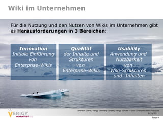 Wiki im Unternehmen

Für die Nutzung und den Nutzen von Wikis im Unternehmen gibt
es Herausforderungen in 3 Bereichen:


     Innovation           Qualität                              Usability
 Initiale Einführung   der Inhalte und                       Anwendung und
         von             Strukturen                            Nutzbarkeit
  Enterprise-Wikis           von                                   von
                       Enterprise-Wikis                      Wiki-Strukturen
                                                              und -Inhalten




                             Andreas Genth, Verigy Germany GmbH | Verigy VShare – Good Enterprise Wiki Practices
                                                                                                   9/28/2011

                                                                                                        Page 9
 