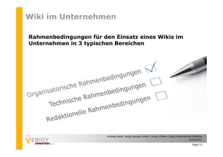 Wiki im Unternehmen

Rahmenbedingungen für den Einsatz eines Wikis im
Unternehmen in 3 typischen Bereichen




                        Andreas Genth, Verigy Germany GmbH | Verigy VShare – Good Enterprise Wiki Practices
                                                                                              9/26/2011

                                                                                                  Page 10
 
