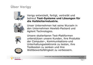 Über Verigy

        Verigy entwickelt, fertigt, vertreibt und
        betreut Test-Systeme und Lösungen für
        die Halbleiterindustrie.
        Unser Unternehmen hat seine Wurzeln in
        den Unternehmen Hewlett-Packard und
        Agilent Technologies.
        Unsere skalierbaren Test-Plattformen
        unterstützen unsere Kunden, ihre Produkte
        der Computer-, Kommunikations-und
        Unterhaltungselektronik zu testen, ihre
        Testkosten zu senken und ihre
        Wettbewerbsfähigkeit zu verbessern.

                     Andreas Genth, Verigy Germany GmbH | Verigy VShare – Good Enterprise Wiki Practices
                                                                                           9/26/2011

                                                                                                Page 2
 