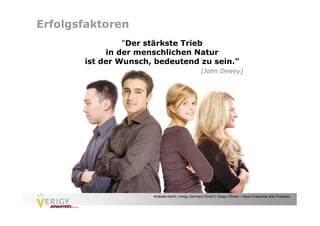 Erfolgsfaktoren
                "Der stärkste Trieb
            in der menschlichen Natur
       ist der Wunsch, bedeutend zu sein."
                                                  (John Dewey)




                      Andreas Genth, Verigy Germany GmbH | Verigy VShare – Good Enterprise Wiki Practices
 