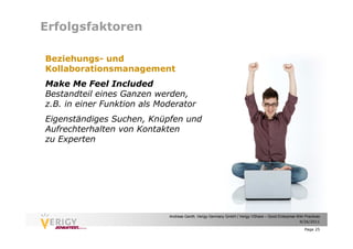 Erfolgsfaktoren

Beziehungs- und
Kollaborationsmanagement
Make Me Feel Included
Bestandteil eines Ganzen werden,
z.B. in einer Funktion als Moderator
Eigenständiges Suchen, Knüpfen und
Aufrechterhalten von Kontakten
zu Experten




                             Andreas Genth, Verigy Germany GmbH | Verigy VShare – Good Enterprise Wiki Practices
                                                                                                   9/26/2011

                                                                                                       Page 25
 