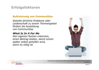 Erfolgsfaktoren

Kultivierung von Communities
Geteilte ähnliche Probleme oder
Leidenschaft zu einem Themengebiet
fördert die Ausbildung
von Communities
What Is In it For Me
Den eigenen Nutzen erkennen,
einen Beitrag leisten, damit einem
später selbst geholfen wird,
wenn es nötig ist




                             Andreas Genth, Verigy Germany GmbH | Verigy VShare – Good Enterprise Wiki Practices
                                                                                                   9/26/2011

                                                                                                       Page 26
 