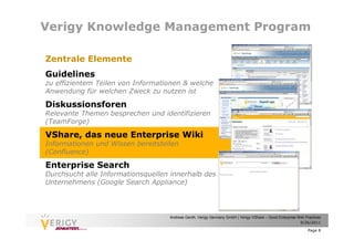 Verigy Knowledge Management Program

Zentrale Elemente
Guidelines
zu effizientem Teilen von Informationen & welche
Anwendung für welchen Zweck zu nutzen ist

Diskussionsforen
Relevante Themen besprechen und identifizieren
(TeamForge)

VShare, das neue Enterprise Wiki
Informationen und Wissen bereitstellen
(Confluence)

Enterprise Search
Durchsucht alle Informationsquellen innerhalb des
Unternehmens (Google Search Appliance)




                                   Andreas Genth, Verigy Germany GmbH | Verigy VShare – Good Enterprise Wiki Practices
                                                                                                         9/26/2011

                                                                                                              Page 8
 