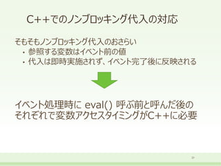 C++でのノンブロッキング代入の対応
21
そもそもノンブロッキング代入のおさらい
• 参照する変数はイベント前の値
• 代入は即時実施されず、イベント完了後に反映される
イベント処理時に eval() 呼ぶ前と呼んだ後の
それぞれで変数アクセスタイミングがC++に必要
 
