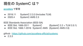 現在の SystemC は？
accellera で管理
● 2018.11 SystemC 2.3.3 (Includes TLM)
● 2020.4 SystemC AMS 2.3
IEEE Standards Association (IEEE-SA)
● IEEE Std. 1666-2011 SystemC (SystemC 2.2 + TLM 2.0.1)
● IEEE Std. 1666.1-2016 SystemC AMS (SystemC AMS 2.0)
github : https://github.com/accellera-oﬃcial/systemc
● 2.3.3
 