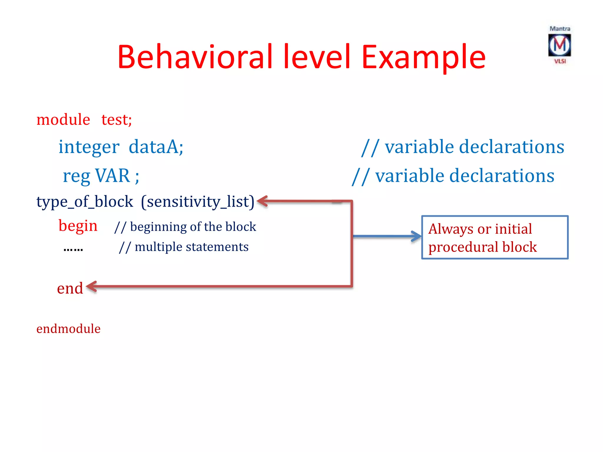 Behavioral level Example
module test;
integer dataA; // variable declarations
reg VAR ; // variable declarations
type_of_block (sensitivity_list)
begin // beginning of the block
…… // multiple statements
end
endmodule
Always or initial
procedural block
 