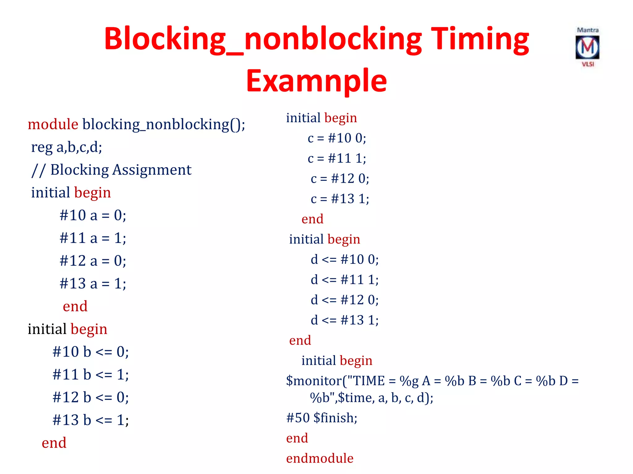 Blocking_nonblocking Timing
Examnple
module blocking_nonblocking();
reg a,b,c,d;
// Blocking Assignment
initial begin
#10 a = 0;
#11 a = 1;
#12 a = 0;
#13 a = 1;
end
initial begin
#10 b <= 0;
#11 b <= 1;
#12 b <= 0;
#13 b <= 1;
end
initial begin
c = #10 0;
c = #11 1;
c = #12 0;
c = #13 1;
end
initial begin
d <= #10 0;
d <= #11 1;
d <= #12 0;
d <= #13 1;
end
initial begin
$monitor("TIME = %g A = %b B = %b C = %b D =
%b",$time, a, b, c, d);
#50 $finish;
end
endmodule
 