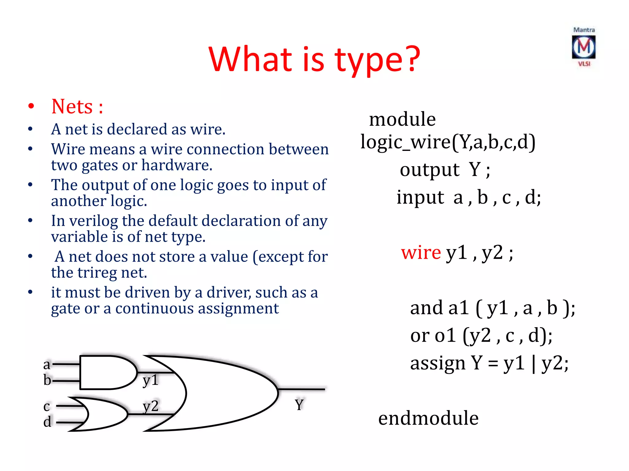 What is type?
• Nets :
• A net is declared as wire.
• Wire means a wire connection between
two gates or hardware.
• The output of one logic goes to input of
another logic.
• In verilog the default declaration of any
variable is of net type.
• A net does not store a value (except for
the trireg net.
• it must be driven by a driver, such as a
gate or a continuous assignment
a
b
c
d
y1
y2 Y
module
logic_wire(Y,a,b,c,d)
output Y ;
input a , b , c , d;
wire y1 , y2 ;
and a1 ( y1 , a , b );
or o1 (y2 , c , d);
assign Y = y1 | y2;
endmodule
 