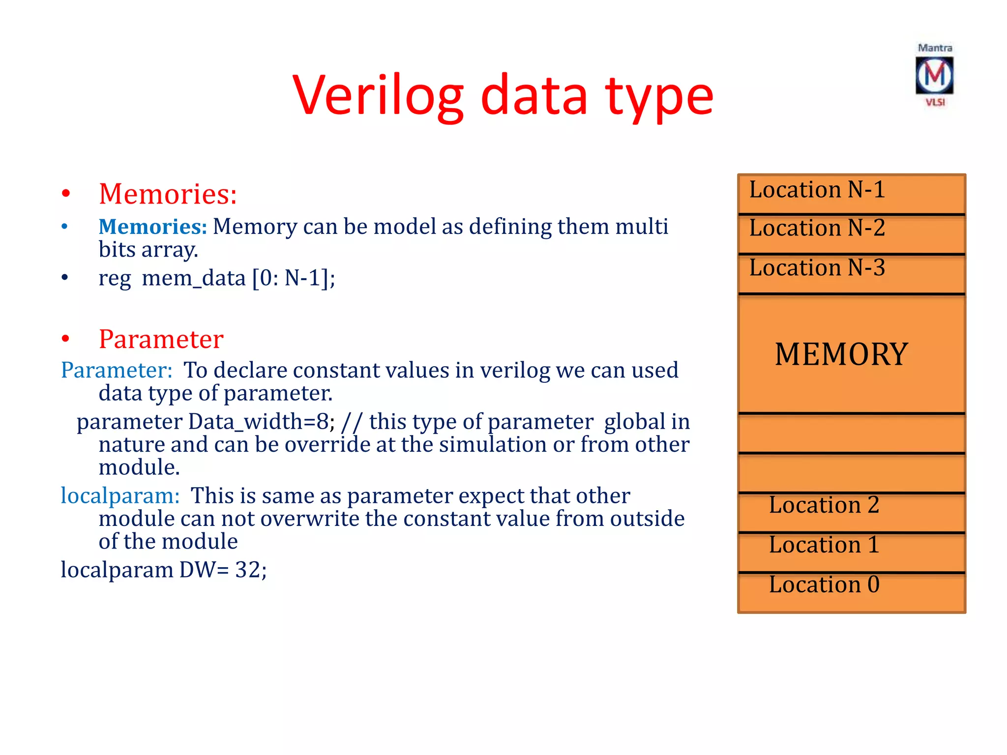 Verilog data type
• Memories:
• Memories: Memory can be model as defining them multi
bits array.
• reg mem_data [0: N-1];
• Parameter
Parameter: To declare constant values in verilog we can used
data type of parameter.
parameter Data_width=8; // this type of parameter global in
nature and can be override at the simulation or from other
module.
localparam: This is same as parameter expect that other
module can not overwrite the constant value from outside
of the module
localparam DW= 32;
Location 0
Location 1
Location 2
Location N-3
Location N-2
Location N-1
MEMORY
 