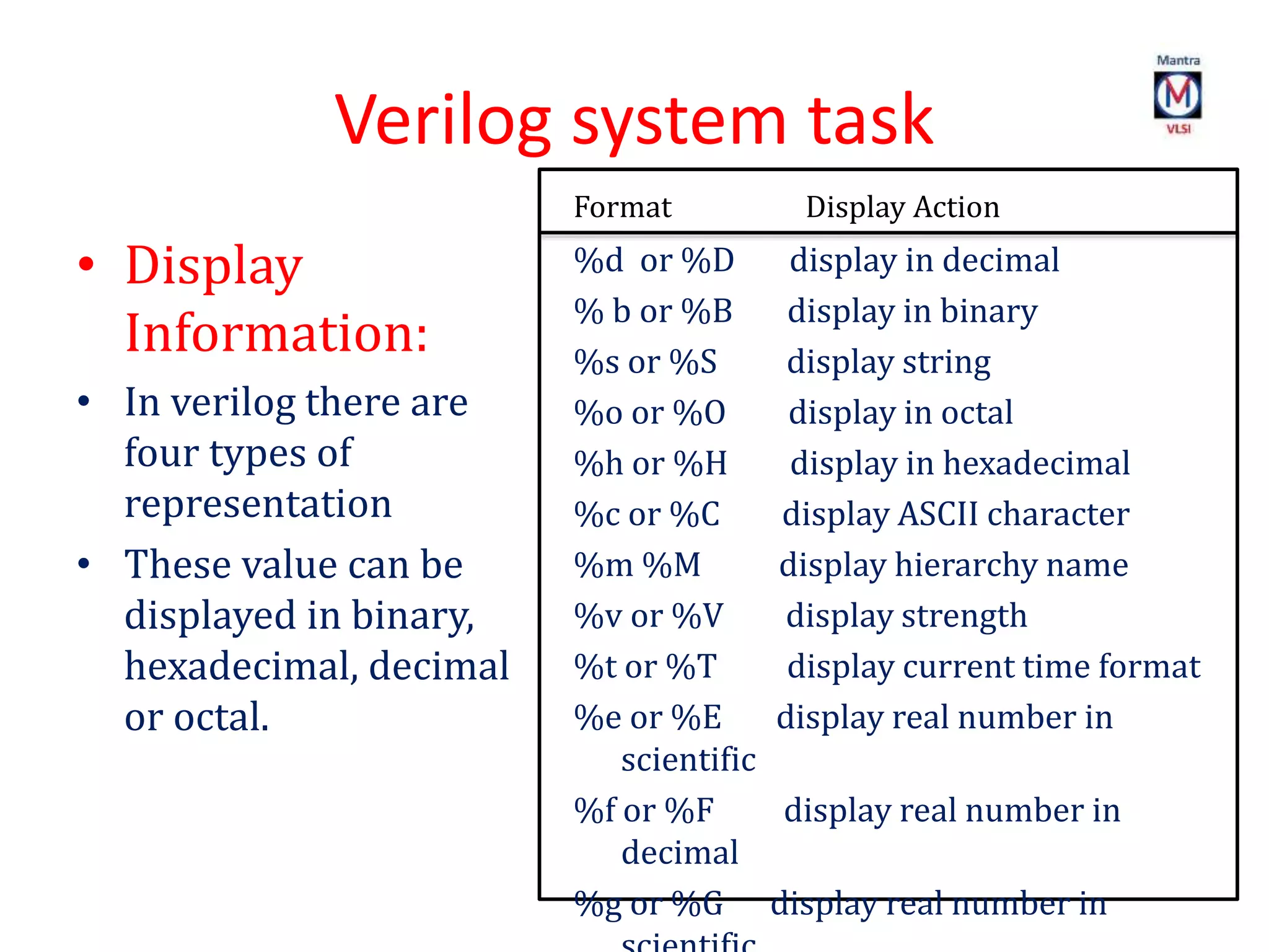 Verilog system task
• Display
Information:
• In verilog there are
four types of
representation
• These value can be
displayed in binary,
hexadecimal, decimal
or octal.
%d or %D display in decimal
% b or %B display in binary
%s or %S display string
%o or %O display in octal
%h or %H display in hexadecimal
%c or %C display ASCII character
%m %M display hierarchy name
%v or %V display strength
%t or %T display current time format
%e or %E display real number in
scientific
%f or %F display real number in
decimal
%g or %G display real number in
Format Display Action
 
