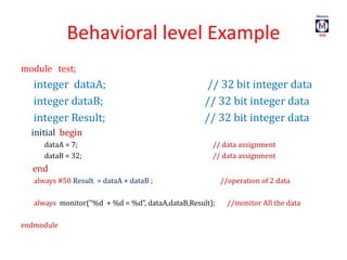 Behavioral level Example
module test;
integer dataA; // 32 bit integer data
integer dataB; // 32 bit integer data
integer Result; // 32 bit integer data
initial begin
dataA = 7; // data assignment
dataB = 32; // data assignment
end
always #50 Result = dataA + dataB ; //operation of 2 data
always monitor(“%d + %d = %d”, dataA,dataB,Result); //monitor All the data
endmodule
 