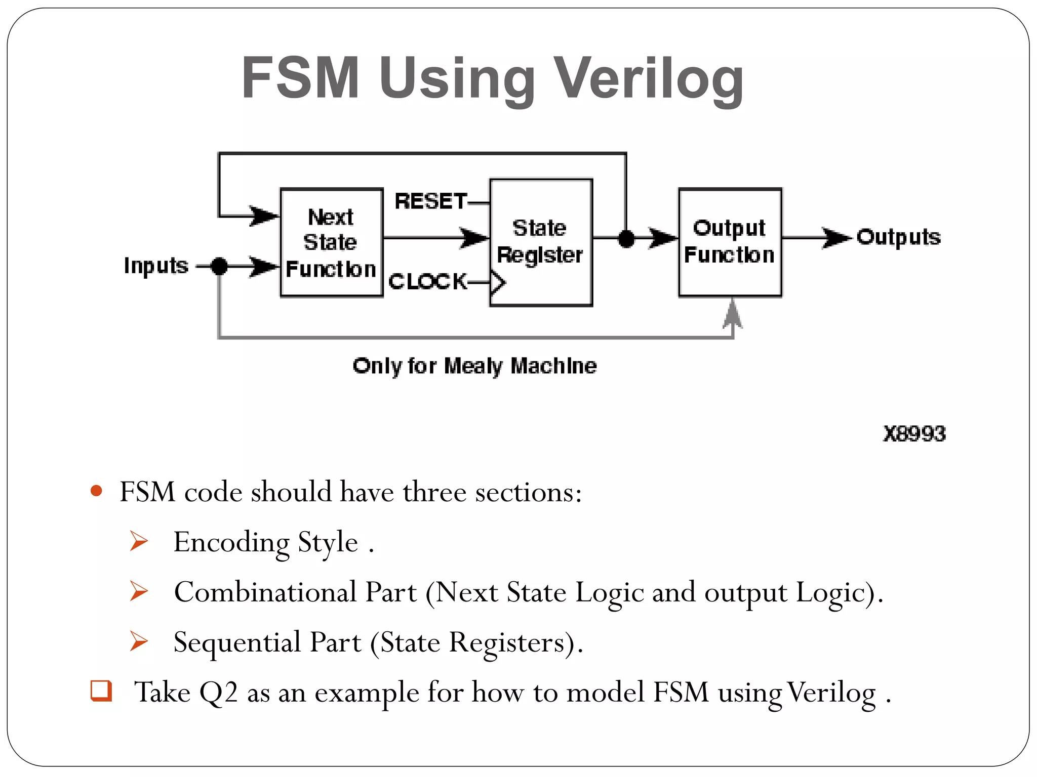 FSM Using Verilog

 FSM code should have three sections:
 Encoding Style .

 Combinational Part (Next State Logic and output Logic).
 Sequential Part (State Registers).
 Take Q2 as an example for how to model FSM using Verilog .

 